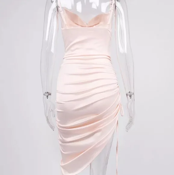 Draped Neck Spaghetti Strap Asymmetrical Satin Slip Dress - Picture 7 of 10